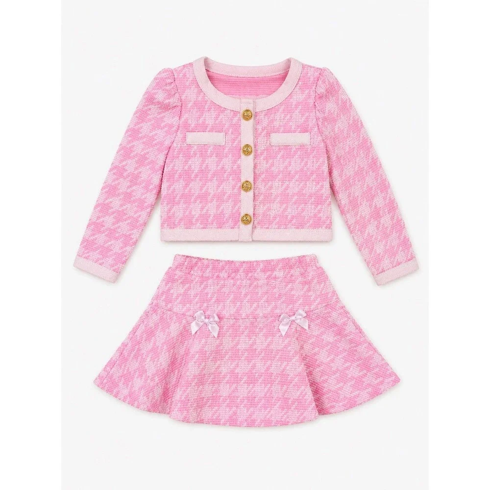 Boutique Girls 2T Pink Tweed Skirt Set Gold Button Jacket Preppy Special